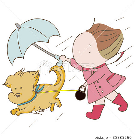 雨の日に散歩に行く女の子と犬のイラスト素材