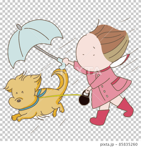 雨の日に散歩に行く女の子と犬 雨の日に散歩に行く女の子と犬 85835260