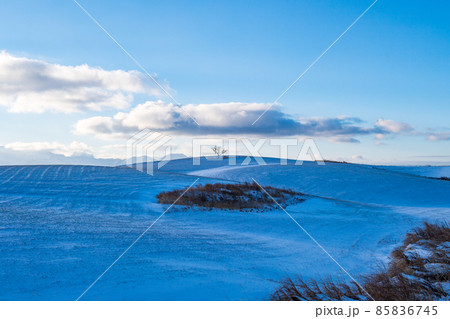 早朝の雪降る阿蘇の積雪した朝焼けの風景 85836745