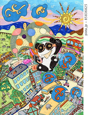 傘を持って空を飛ぶパンダ 85836825