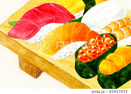 寿司下駄に乗ったお寿司の手描き水彩イラスト はがきサイズ 和食・日本料理のポストカード素材 寿司下駄に乗ったお寿司の手描き水彩イラスト はがきサイズ 和食・日本料理のポストカード素材 85837635
