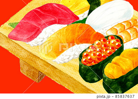 寿司下駄に乗ったお寿司の手描き水彩イラスト はがきサイズ 和食・日本料理のポストカード素材 寿司下駄に乗ったお寿司の手描き水彩イラスト はがきサイズ 和食・日本料理のポストカード素材 85837637