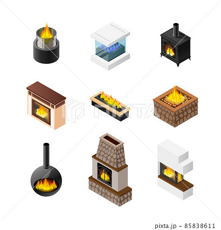 Isometric Fireplace Icon Set Isometric Fireplace Icon Set 85838611