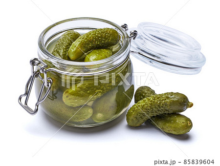 Can of Tasty green cornichons isolated on a white background Can of Tasty green cornichons isolated on a white background 85839604