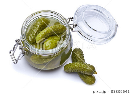Can of Tasty green cornichons isolated on a white background Can of Tasty green cornichons isolated on a white background 85839641