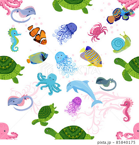 Marine life, fish, animals bright seamless pattern. sea travel, underwater diving animal tropical fish. Jellyfish, whale, shark, seahorse, clown fish, dolphin, turtle emperor fish octopus stingray Marine life, fish, animals bright seamless pattern. sea travel, underwater diving animal tropical fish. Jellyfish, whale, shark, seahorse, clown fish, dolphin, turtle emperor fish octopus stingray 85840175