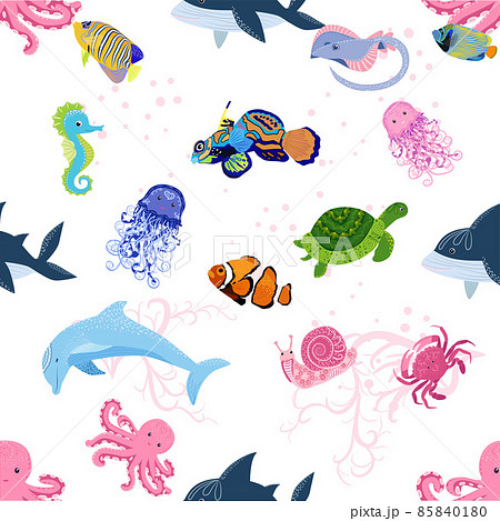 Marine life, fish, animals bright seamless pattern. sea travel, underwater diving animal tropical fish. Jellyfish, whale, shark, seahorse, clown fish, dolphin, turtle emperor fish octopus stingray Marine life, fish, animals bright seamless pattern. sea travel, underwater diving animal tropical fish. Jellyfish, whale, shark, seahorse, clown fish, dolphin, turtle emperor fish octopus stingray 85840180
