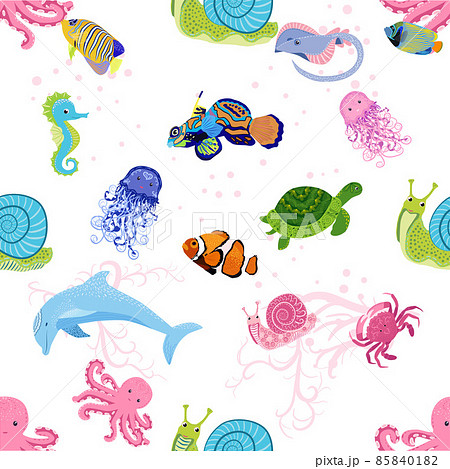 Marine life, fish, animals bright seamless pattern. sea travel, underwater diving animal tropical fish. Jellyfish, whale, shark, seahorse, clown fish, dolphin, turtle emperor fish octopus stingray Marine life, fish, animals bright seamless pattern. sea travel, underwater diving animal tropical fish. Jellyfish, whale, shark, seahorse, clown fish, dolphin, turtle emperor fish octopus stingray 85840182