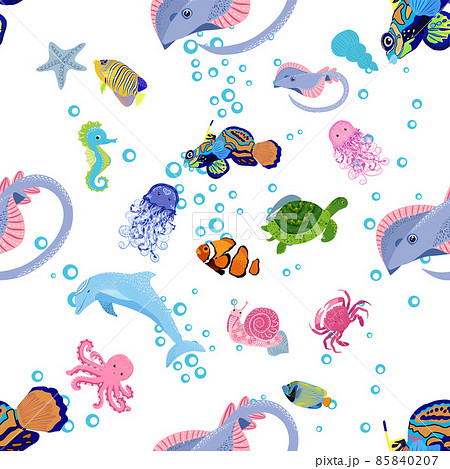Marine life, fish, animals bright seamless pattern. sea travel, underwater diving animal tropical fish. Jellyfish, whale, shark, seahorse, clown fish, dolphin, turtle emperor fish octopus stingray 85840207