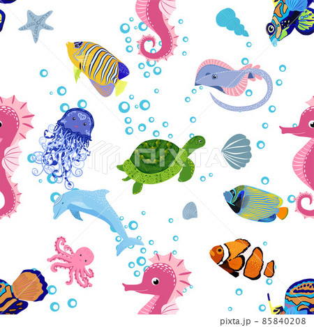 Marine life, fish, animals bright seamless pattern. sea travel, underwater diving animal tropical fish. Jellyfish, whale, shark, seahorse, clown fish, dolphin, turtle emperor fish octopus stingray 85840208