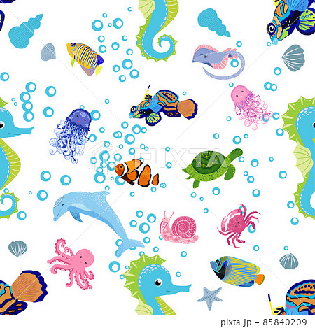 Marine life, fish, animals bright seamless pattern. sea travel, underwater diving animal tropical fish. Jellyfish, whale, shark, seahorse, clown fish, dolphin, turtle emperor fish octopus stingray 85840209