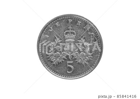 Five british pennies coin isolated on white background - clipping paths Five british pennies coin isolated on white background - clipping paths 85841416
