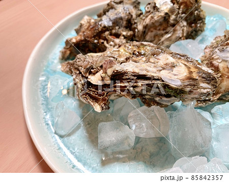 ブルーの皿に盛られた殻付き牡蠣 写真素材 ブルーの皿に盛られた殻付き牡蠣 写真素材 85842357