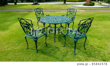 芝生に置かれた椅子やテーブル（長野県中野市 一本木公園） 85842478