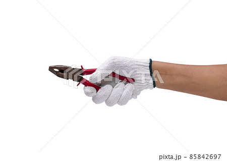 Worker hand holding pliers isolated on white background - clipping paths. Worker hand holding pliers isolated on white background - clipping paths. 85842697