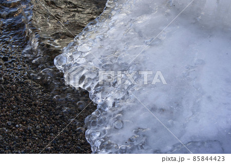 Abstract background. Ice, water, pebbles on the shore.Nature. Elements.North.Climate. Abstract background. Ice, water, pebbles on the shore.Nature. Elements.North.Climate. 85844423