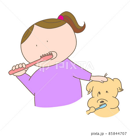 一緒に歯磨きをする女の子と犬のイラスト素材