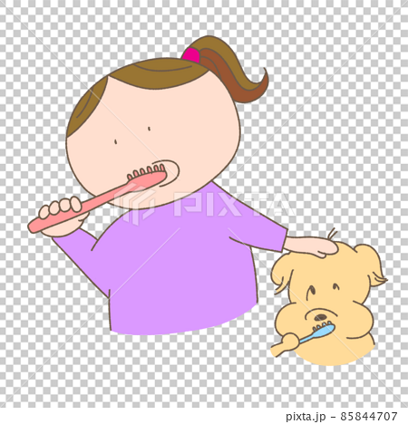 一緒に歯磨きをする女の子と犬のイラスト素材