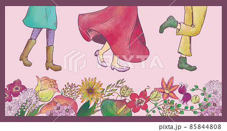 レトロなイラスト　走る　駆ける　花柄　花畑　仲良し　散歩　友達　友情　お出かけ　スキップ　買い物 85844808