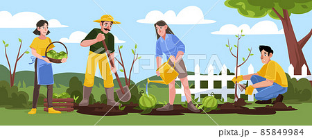 Gardening Or Farm Works In Garden People Workingのイラスト素材