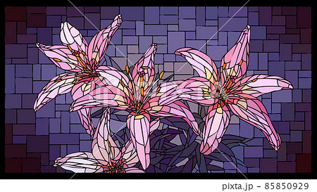 Vector Stained Glass Window With Blooming Pink のイラスト素材