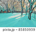 雪深い公園の木々の間から漏れる陽光 85850939