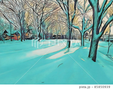 雪深い公園の木々の間から漏れる陽光 85850939