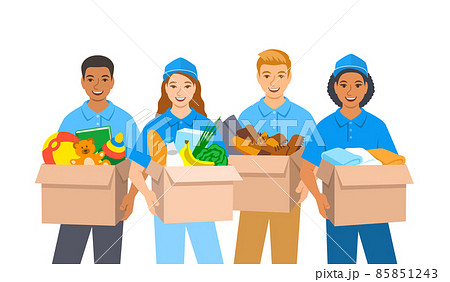 Young volunteers, boys and girls stand and hold boxes with goods for charity such as food, clothes, shoes, toys. Community support for poor people in need. Social care concept. Cartoon illustration 85851243