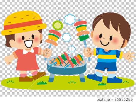 夏休みに友達と美味しいお肉を食べてバーベキューを楽しむ子供 85855299
