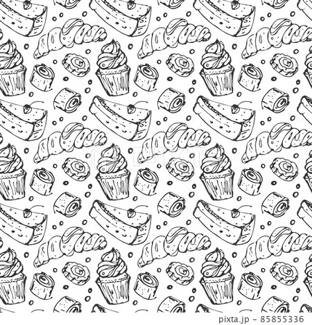 Sweet bakery, cakes seamless pattern. Hand drawn ink brush design, doodle sketchy outline style elements. Dark grey contours. White easy editable color background. Vector Sweet bakery, cakes seamless pattern. Hand drawn ink brush design, doodle sketchy outline style elements. Dark grey contours. White easy editable color background. Vector 85855336