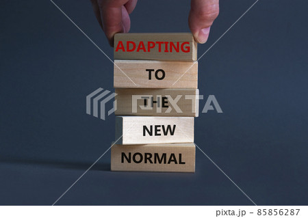 Adapting to the new normal symbol. Wooden blocks with words Adapting to the new normal on beautiful grey background, copy space. Businessman hand. Business, new normal concept. 85856287
