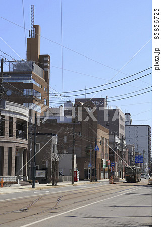 【縦構図】函館市電末広町電停を発車する路面電車　函館市 85856725