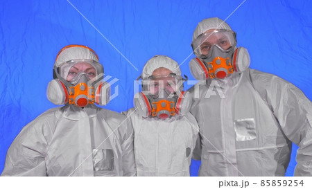 Family shield protect, to save life from virus. People portrait, wearing protect medical aerosol spray paint mask respirator. Coronavirus epidemic. 85859254