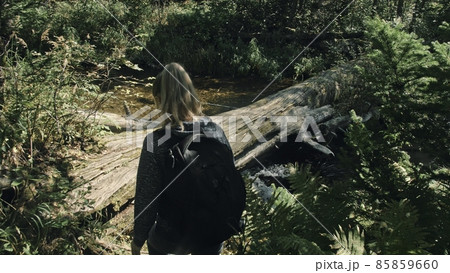 Traveler photographing scenic view in forest river. Wood bridge fallen tree. One caucasian woman shooting nice magic look. Girl take photo on camera. 85859660