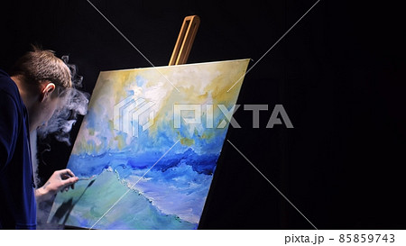 Artist copyist paint seascape with ship in ocean. Vaper smoke vape e-cigarette. Craftsman decorator draw as boat sail on blue sea with acrylic color. Artist copyist paint seascape with ship in ocean. Vaper smoke vape e-cigarette. Craftsman decorator draw as boat sail on blue sea with acrylic color. 85859743