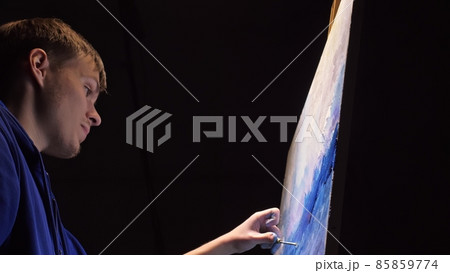 Artist copyist paint seascape with ship in ocean. Craftsman decorator draw as boat sail on blue sea with acrylic oil color. Draw brush, knife palette. Artist copyist paint seascape with ship in ocean. Craftsman decorator draw as boat sail on blue sea with acrylic oil color. Draw brush, knife palette. 85859774