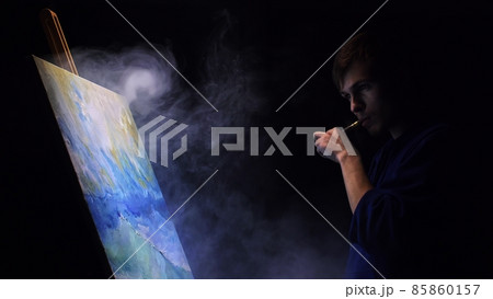 Artist copyist paint seascape with ship in ocean. Vaper smoke vape e-cigarette. Craftsman decorator draw as boat sail on blue sea with acrylic color. 85860157