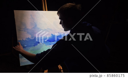 Artist copyist paint seascape with ship in ocean. Craftsman decorator draw as boat sail on blue sea with acrylic oil color. Artist copyist paint seascape with ship in ocean. Craftsman decorator draw as boat sail on blue sea with acrylic oil color. 85860175