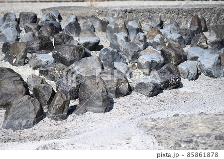 渇水期の川と生態系保全ブロック 85861878