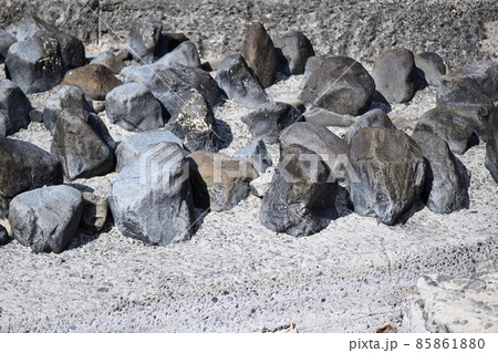 渇水期の川と生態系保全ブロック 85861880