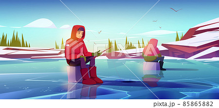 Winter ice fishing with men holding rods on pond 85865882