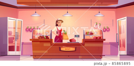 Saleswoman at meat shop desk, girl at farmer stall 85865895