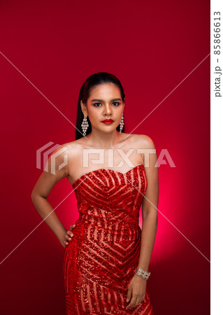 Portrait of Young Slim Idian Woman wears white sequin Evening Ball Gown long dress, Beautiful india 85866613