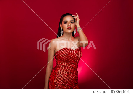 Portrait of Young Slim Idian Woman wears white sequin Evening Ball Gown long dress, Beautiful india 85866616