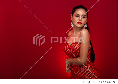 Portrait of Young Slim Idian Woman wears white sequin Evening Ball Gown long dress, Beautiful india 85866619