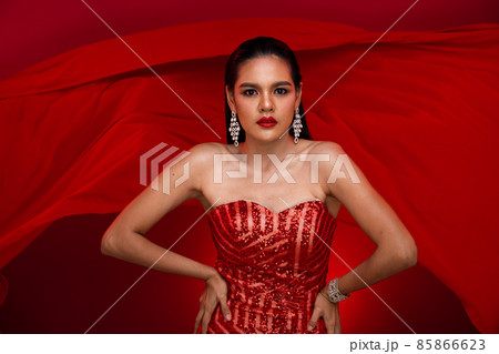 Portrait of Young Slim Idian Woman wears white sequin Evening Ball Gown long dress, Beautiful india 85866623