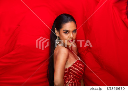 Portrait of Young Slim Idian Woman wears white sequin Evening Ball Gown long dress, Beautiful india 85866630