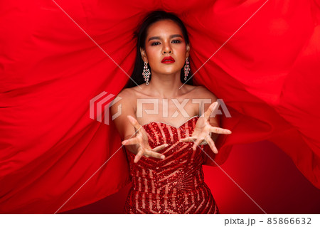 Portrait of Young Slim Idian Woman wears white sequin Evening Ball Gown long dress, Beautiful india 85866632