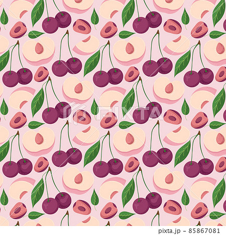 Fruit seamless pattern for textile products, cherry and peach pieces, bone and leaves in a flat style . Vector illustration 85867081