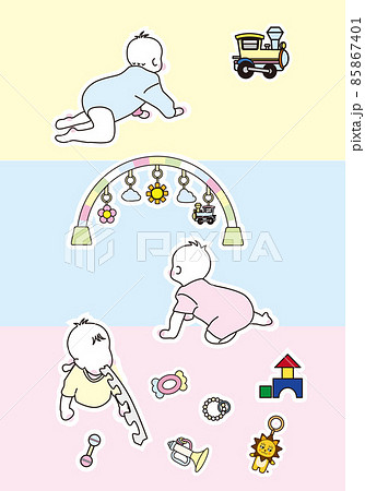 かわいい赤ちゃんのイラスト お座り ハイハイ カラフル 白フチのイラスト素材